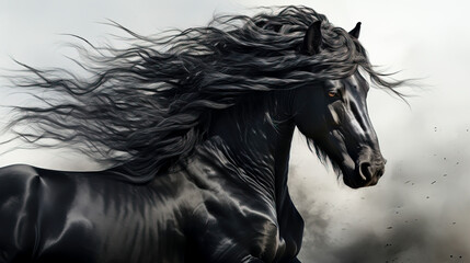 Majestic Black Stallion with Flowing Mane, created with Generative AI technology