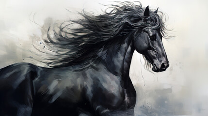 Majestic Black Stallion with Flowing Mane, created with Generative AI technology