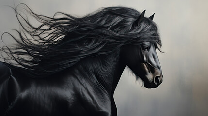 Obraz na płótnie Canvas Majestic Black Stallion with Flowing Mane, created with Generative AI technology
