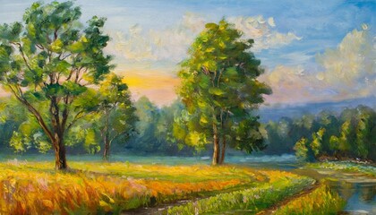 Naklejka na ściany i meble oil painting landscape morning landscape with trees