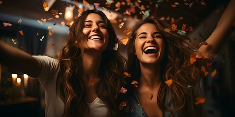 Women joyfully tossing confetti celebrating outdoors on a terrace at night. Concept Nighttime Celebration, Confetti Toss, Terrace Party, Joyful Women, Outdoor Photography - obrazy, fototapety, plakaty
