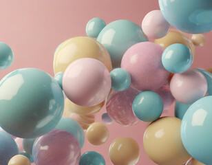 Fototapeta na wymiar Three dimensional render of pastel colored bubbles floating against pink background, 3D render