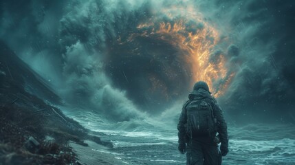  a man standing on top of a beach next to a giant wave in the ocean with a giant black object in the middle of the ocean in the middle of the middle of the picture. - obrazy, fototapety, plakaty