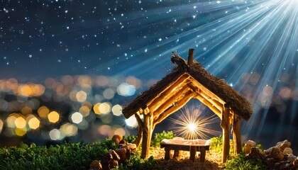 nativity of jesus empty manger at night with bright lights
