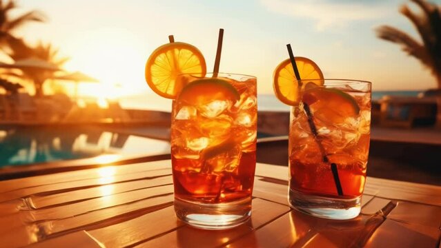 Two glasses of drinks on a table near a pool. Suitable for lifestyle and summer concepts.