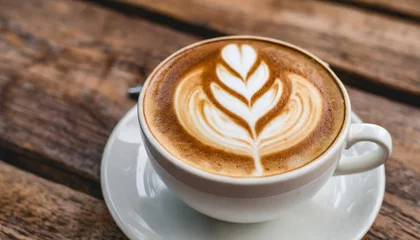 Foto op Plexiglas hot coffee latte cappuccino spiral foam on wooden table background © Simone