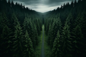 The road is surrounded by tall pine trees and the sky is dark and mysterious. The image has a dark and mysterious atmosphere and is perfect for use as a background for a horror or mystery novel.