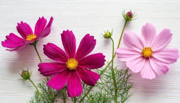 pink cosmos flower isolated on white background flat lay