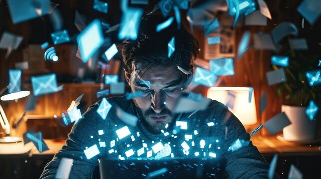 Man overwhelmed with email notifications, information overload, digital stress
