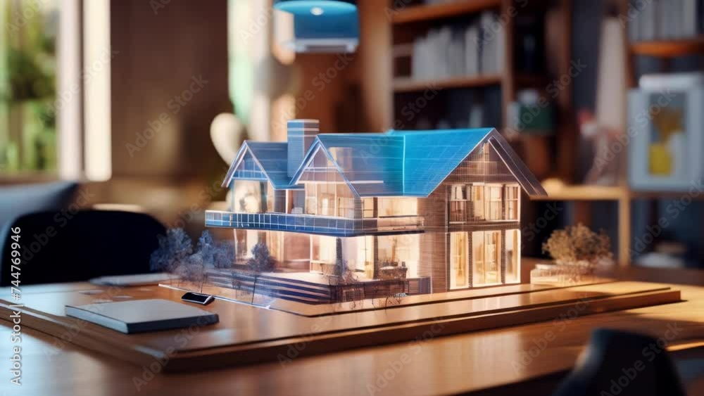Poster a small model house displayed on a table. perfect for real estate concepts.