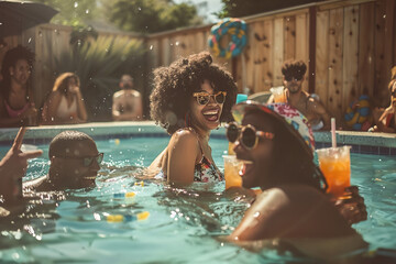 Pool Party: Friends laughing and splashing in a sparkling pool, enjoying refreshing drinks, the summer vibes under the warm sun. - obrazy, fototapety, plakaty