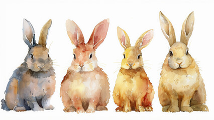 Obraz premium Happy Easter, Watercolor illustration, easter bunnies, muted colors, illustrated clipart, minimalist, isolated white background, 