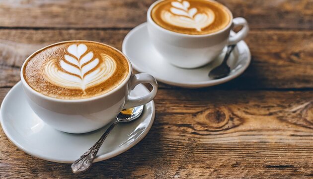two cups of fresh delicious cappuccino coffee with beautiful latte art on wooden background from above copy space