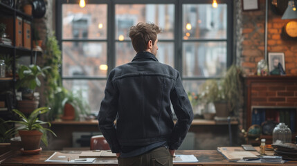 Back view of young Caucasian businessman in bright cozy loft style office. Confident male office...