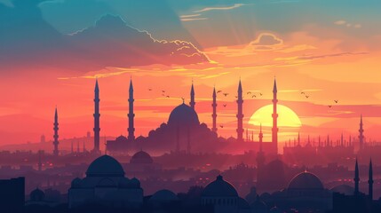 Mosque with beautiful view in background, Islamic backgrounds for Eid.