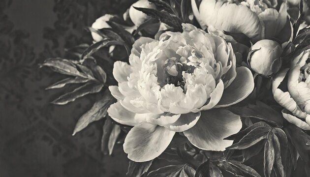 vintage bouquet of peonies floristic decoration floral background black and white baroque old fashiones style image natural flowers pattern wallpaper or greeting card