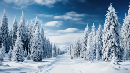 Snow covers the ground as trees stand against a clear blue sky in a winter scene