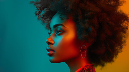 Close-up portrait of a charming young black woman with afro haircut against blue and yellow studio background. Beautiful African model with bright makeup. Fashionable hairstyle and diversity.