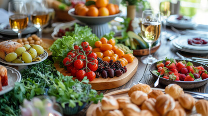 Big family garden party. Glasses of champagne, large plates and bowls with vegetables, fruits, berries, greenery and bread on wooden table. Family lunch.