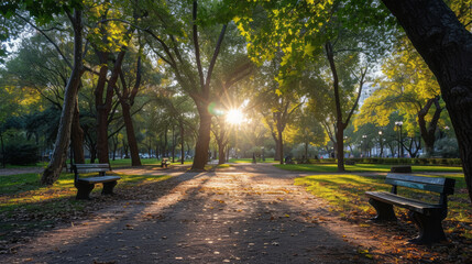 Green city park in sunny summer morning. Wide park alleyway, wooden benches, large trees with...