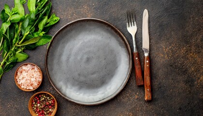 dark table setting empty ceramic plate and cutlery on stone background copy space for your text - obrazy, fototapety, plakaty