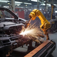 In a workshop, a mechanical arm welds a car frame.