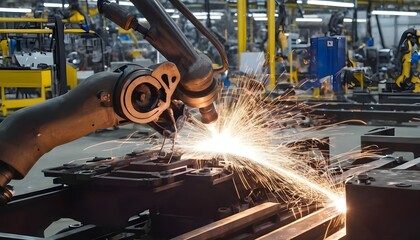 In a workshop, a mechanical arm welds a car frame.