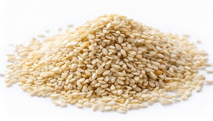 a small heap of roasted white sesame seeds isolated on white background top view