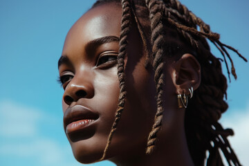 Close-up profile portrait of a charming black young woman with dreadlocks on a summer day. Beautiful African model with ethnic hairstyle. Natural beauty, diversity in fashion. - obrazy, fototapety, plakaty