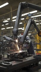 Fototapeta premium In a workshop, a mechanical arm welds a car frame.