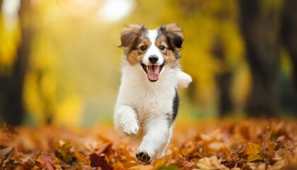 funny happy cute dog puppy running smiling in the leaves golden autumn fall background