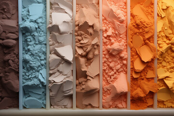 Assorted mineral makeup powder gradient palette. Beauty and cosmetics concept. Banner with copy space.