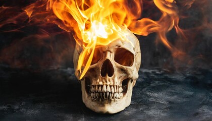 human skull in flames of fire from a burning sun inside the skull against a dark background global catastrophe or end of the world concept