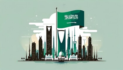 Fototapeta premium Illustration with saudi arabian flag and towers and skyscrapers for flag day celebration.