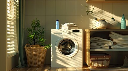 a washing machine positioned beside a white pot adorned with a plant and a nearby basket of towels, the meticulousness of household tasks.