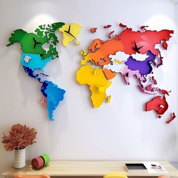 Colorful World Map with Clocks on White Wall in Modern Office Space - Conceptual Time Zone Decoration for Global Business