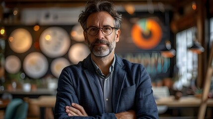 Fototapeta premium businessman in casual attire within a contemporary office, framed by a stylish blurred bokeh background
