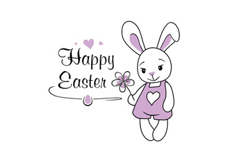 Cute cartoonish rabbit with flower. Festive design to the Easter
