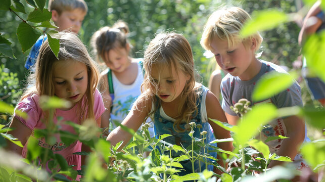A group of children engaged in a scavenger hunt, exploring nature and learning about their environment — Love and Respect, Care and Development, Recognition and Perfection
