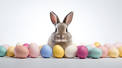 Fototapeta na wymiar the Easter Bunny surrounded by colorful eggs, isolated on a pristine white background, leaving ample empty space for text or promotional messages,