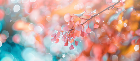 Fototapeta premium Delicate pastel pink blossoms with a soft, unfocused backdrop of warm, glowing bokeh lights creating a serene and dreamy atmosphere