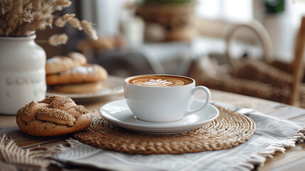 cup of hot coffee with bun on table - obrazy, fototapety, plakaty
