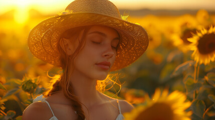 young woman in sunflower field in summer day