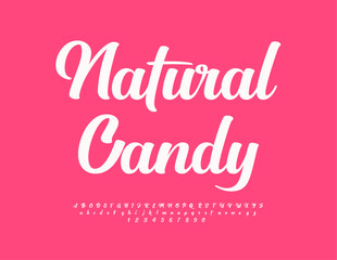 Vector advertising badge Natural Candy. Beautiful Calligraphic Font. Trendy Alphabet Letters and Numbers set.