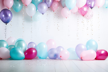 Birthday photo zone backdrop. Party celebration background. Balloons, Confetti.