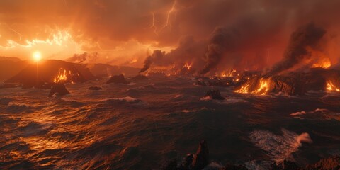 Dramatic Seascape with Fiery Lava Eruptions from Coastal Rocks Under a Stormy Sky - obrazy, fototapety, plakaty