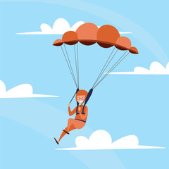 Cartoon paragliding sports man flying among the clouds in the sky on a parachute in an orange suit