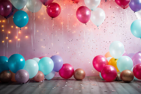 Birthday photo zone backdrop. Party celebration background. Balloons, Confetti.
