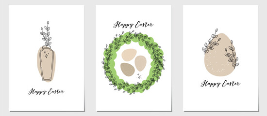 Greeting cards Happy Easter. Fashionable Easter design with typography, hand-drawn strokes, eggs in pastel colors.