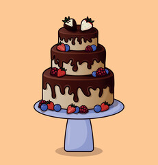 Cartoon delicious three layers wedding cake with strawberries, blueberries, raspberries, chocolate